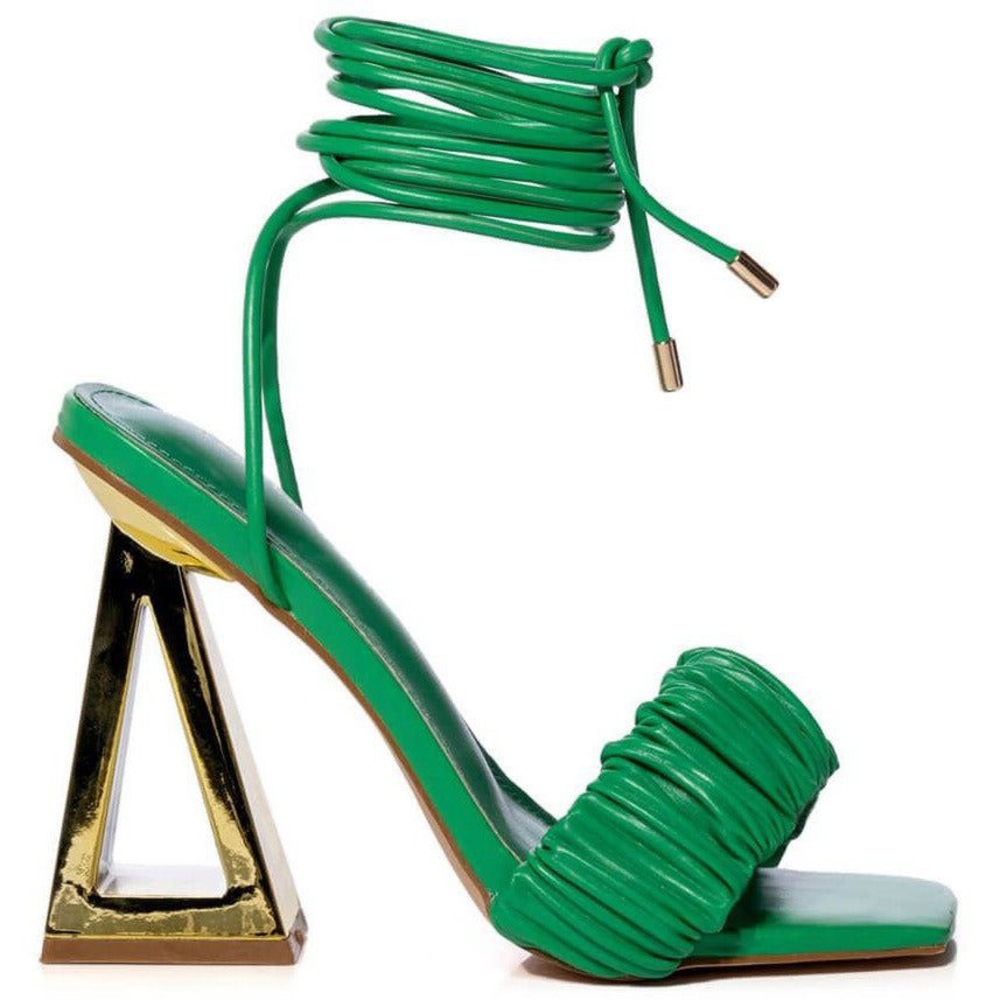 Green and gold lace up  wedge triangle heels